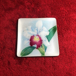 Japanese Cloisonné Small Tray, Vintage Enamel Dish, Orchid.