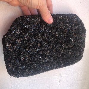 Vintage Beaded Evening Bag, Made In Hong Kong, Gold Metal Trim With short Handle, Black Beads and Sequins, Elegant, Chic, Mid-Century.