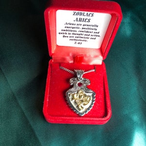Zodiac Pendant, Aries, Silver And Gold Tone With Red Stone, Shield Shaped Pendant, Aries Zodiac Pendant & Chain.