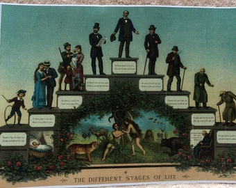 The Different Stages Of Life, Historic Oleograph Reproduction, Poetic Progress Of life, Ready To Frame.