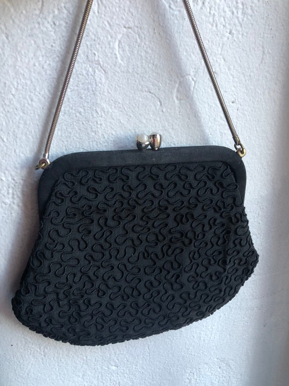 Vintage Black Fabric Handbag, 1940's, Made In New… - image 1