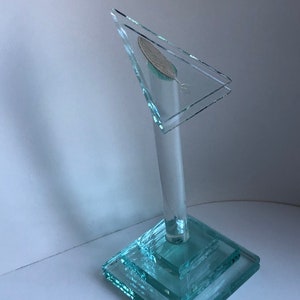 Sculpture In Glass, Modernist Clear Glass Ornament Featuring A Leaf Under Glass, Trophy, Unusual Art Work.