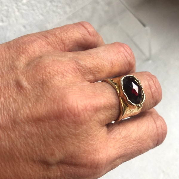 LIRM Israel Faceted Garnet Coloured Statement Ring, Large Faceted Stone, Set in 925 Gold Vermeil Ring, Wide Band,  Styling,