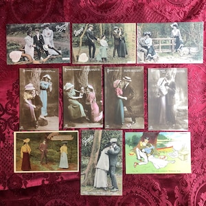 Ten Antique Postcards Featuring Romantic Couples, Lovers Of The Early 20th Century, Genuine Old Postcards, Stamps, Collectables.