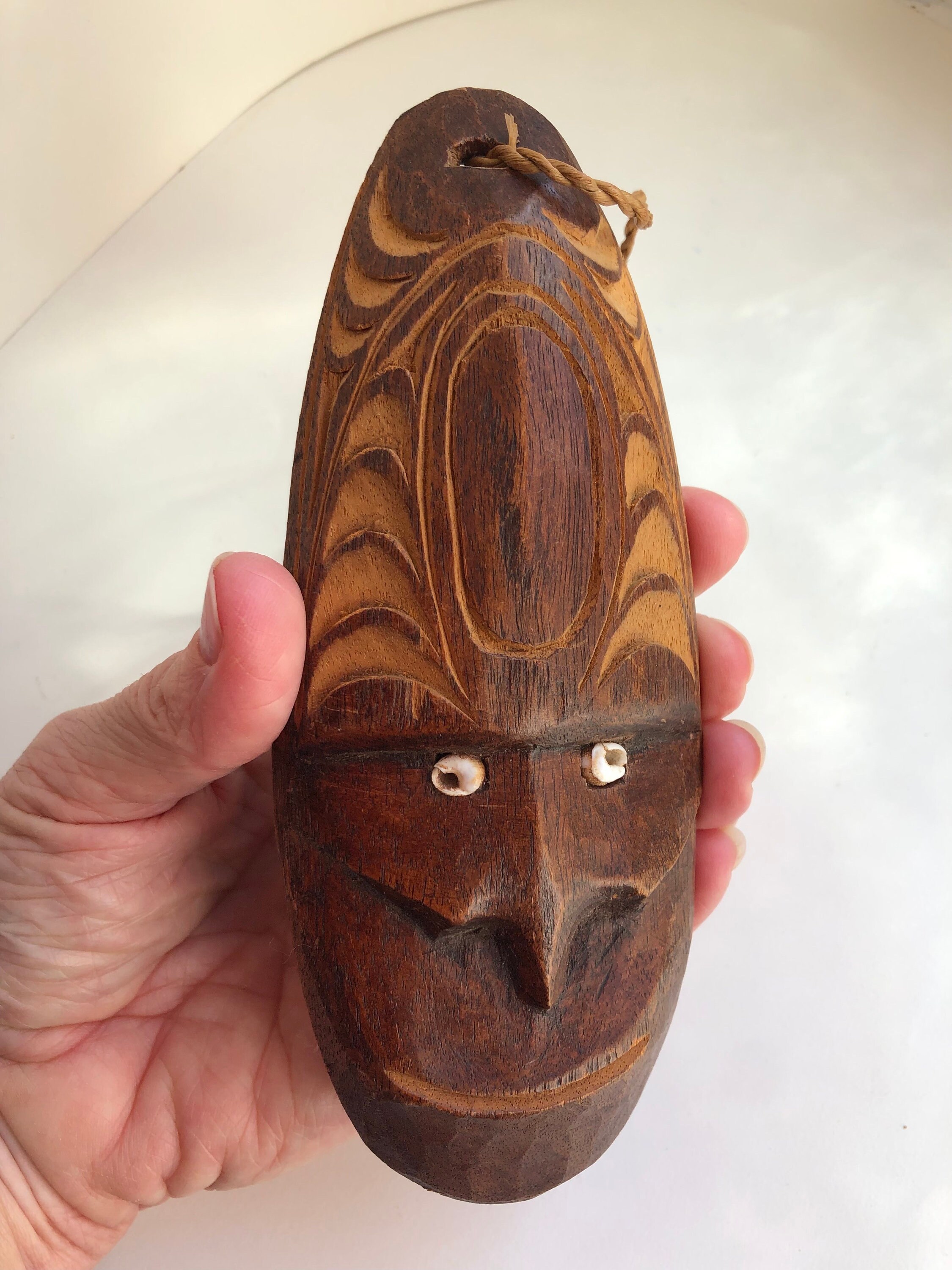 Vintage Souvenir Wall Mask, Tribal Carving, Inset Shell, Pacific