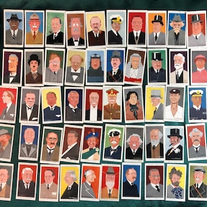 May include: A collection of rectangular vintage Player's Cigarette cards arranged in a grid, each featuring a colourful illustrated portrait of a historical figure with their name printed at the bottom of every individual card.
