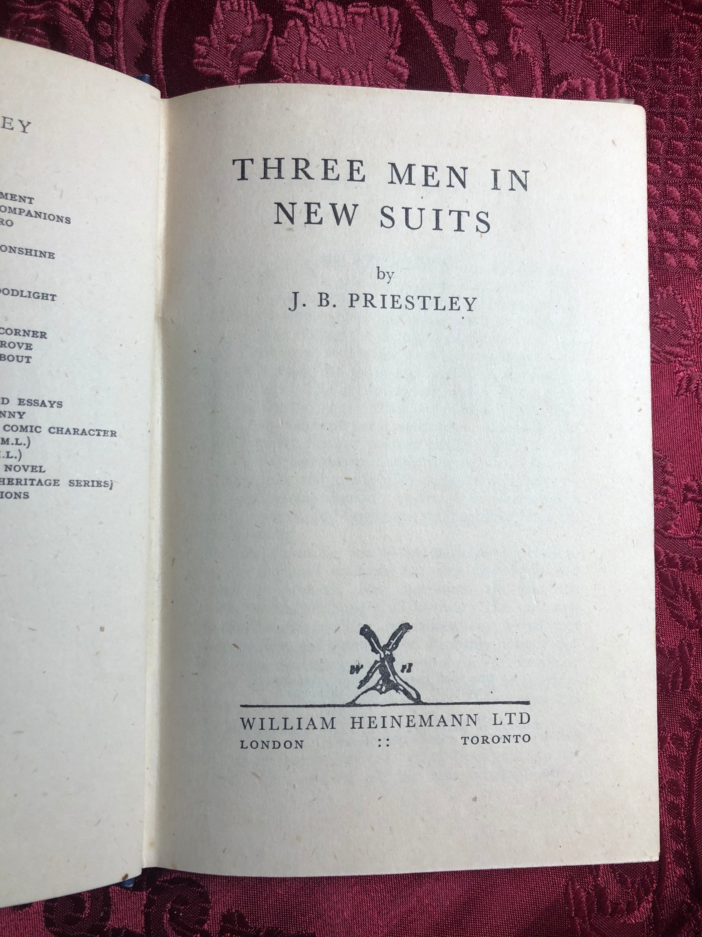 J.b.priestley, Three Men in New Suits, Rare First Edition Book