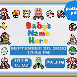 Birth Announcement - Super Mario Kart SNES - Retro Arcade Game Cross Stitch - Modern, Classic, Video Game, Baby Name