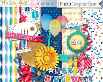 Birthday digital scrapbook mini kit, birthday scrapbook elements, birthday scrapbook papers.