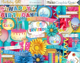 Birthday digital scrapbook elements, birthday graphics.