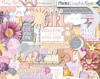 Elementos digitales para álbumes de recortes de bebés niñas, imágenes prediseñadas de recién nacidas.