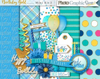 Birthday digital scrapbook mini kit, birthday scrapbook elements, birthday scrapbook papers.