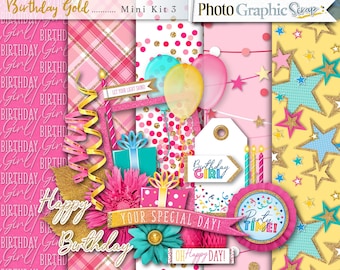Birthday digital scrapbook mini kit, birthday scrapbook elements, birthday scrapbook papers.