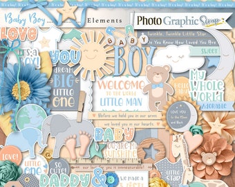 Baby boy digital scrapbook elements, newborn clipart.