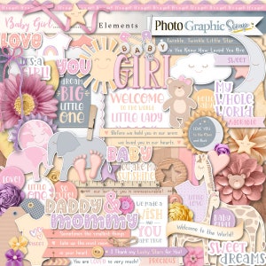 Elementi di scrapbook digitale per bambina, clipart neonatale.