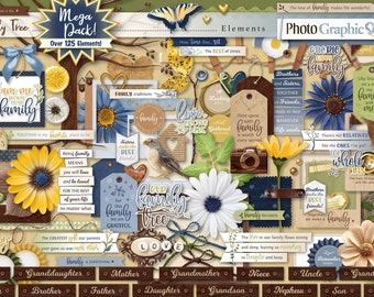 Elementy cyfrowego albumu z drzewem genealogicznym, grafika z drzewem genealogicznym.