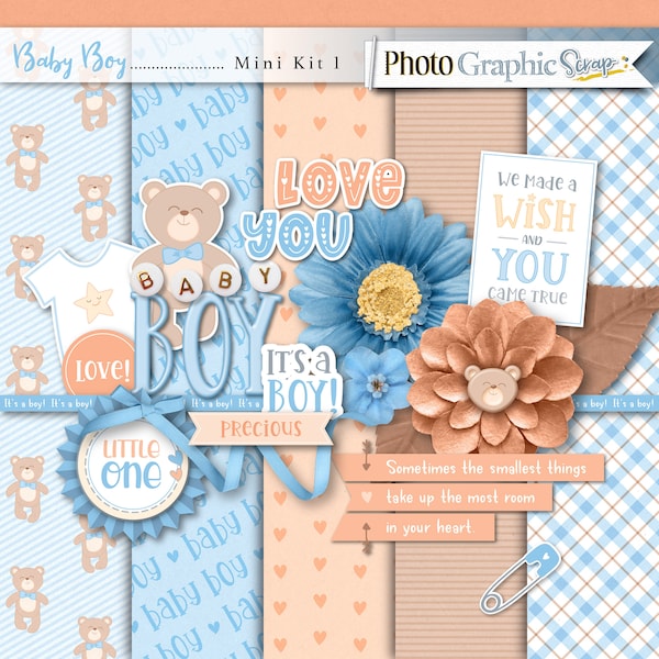 Baby boy digital scrapbook mini kit, baby scrapbook elements, baby scrapbook papers.