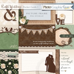 Rustykalne kieszonkowe karty ślubne do scrapbookingu, kieszonkowe karty z motywem ślubu, cyfrowe kieszonkowe karty do scrapbookingu, klipart ślubny.