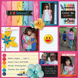 May include: A scrapbook page with a pink and white background. The page is decorated with photos of a young girl, a boy, and a man. The page also includes text that says "I School!" and "Color Me Happy!"