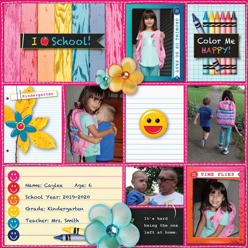 May include: A scrapbook page with a pink and white background. The page is decorated with photos of a young girl, a boy, and a man. The page also includes text that says "I School!" and "Color Me Happy!"