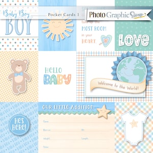 De digitale plakboekzakkaarten van de babyjongen, baby clipart.