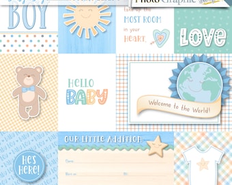 Baby boy digital scrapbook pocket cards, baby clipart.