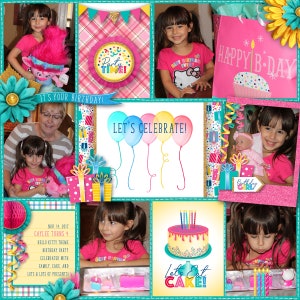 May include: A collage of photos celebrating a birthday with a Hello Kitty theme. The photos show a girl with her family and friends, opening presents, blowing out candles on a cake, and having fun. The collage is decorated with colourful balloons, ribbons, and confetti.
