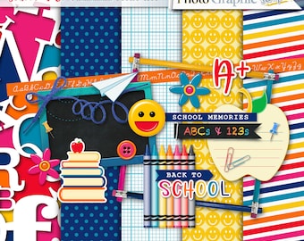 School digital scrapbook mini kit, school scrapbook elements, school scrapbook papers.