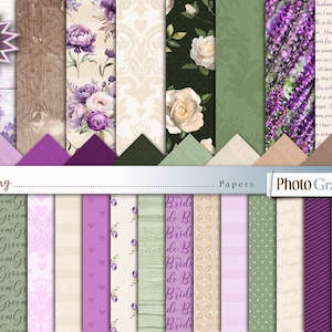 May include: A digital paper pack with 16 different designs featuring a rustic wedding theme. The designs include floral patterns, wood textures, and textural patterns in shades of purple, green, and cream.