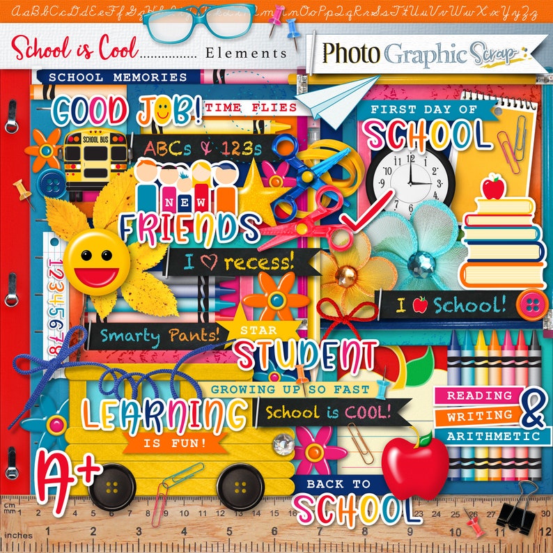May include: A collection of colorful school-themed scrapbook elements, including a school bus, a clock, a ruler, crayons, scissors, and a paper airplane. The text "School is Cool" is featured in the top left corner of the image.