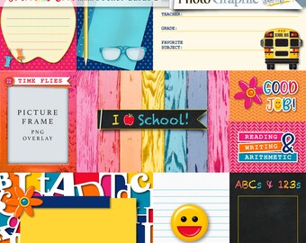 School digital scrapbook pocket cards, school clipart.