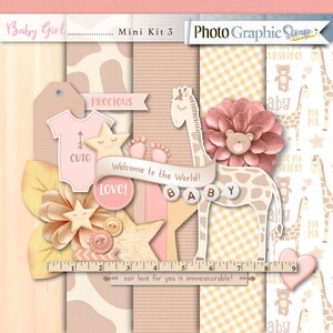 Mini kit digitale scrapbook bambina, elementi scrapbook per bambini, carte per album di ritagli per bambini.