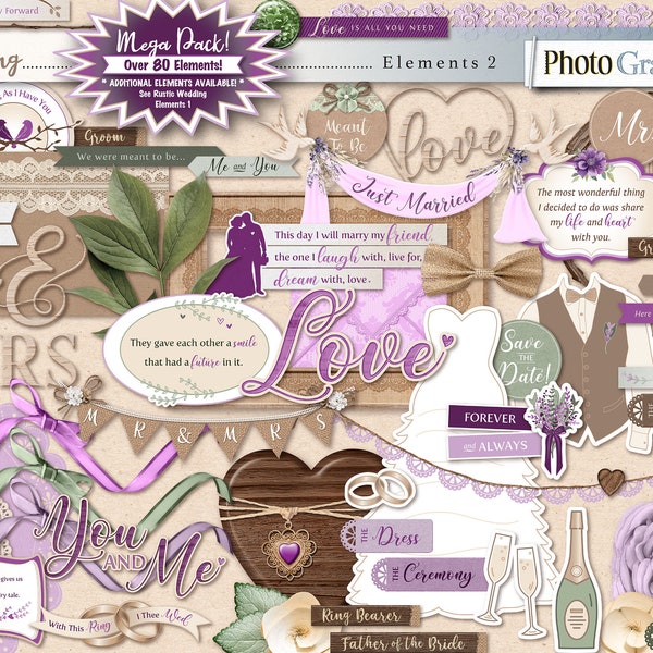 Rustic Wedding scrapbook elements, wedding theme elements, digital scrapbook elements, wedding clipart, wedding graphics, scrapbook png.