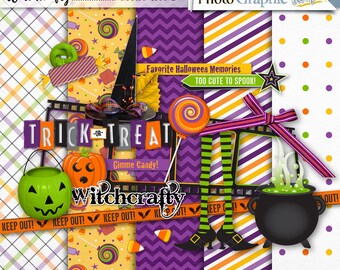 Halloween digital scrapbook mini kit, Halloween scrapbook elements, Halloween scrapbook papers.