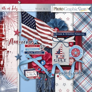 4th of July digital scrapbook mini kit, America scrapbook elements, America scrapbook papers.