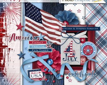 4th of July digital scrapbook mini kit, America scrapbook elements, America scrapbook papers.