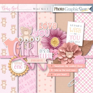 Baby-Mädchen digitale Scrapbook Mini-Kit, Baby Scrapbook Elemente, Baby Scrapbook Papiere.