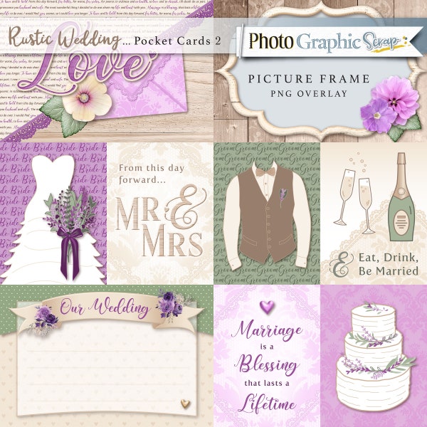 Rustic Wedding scrapbook pocket cards, wedding theme pocket cards, digital scrapbook pocket cards, wedding clipart.