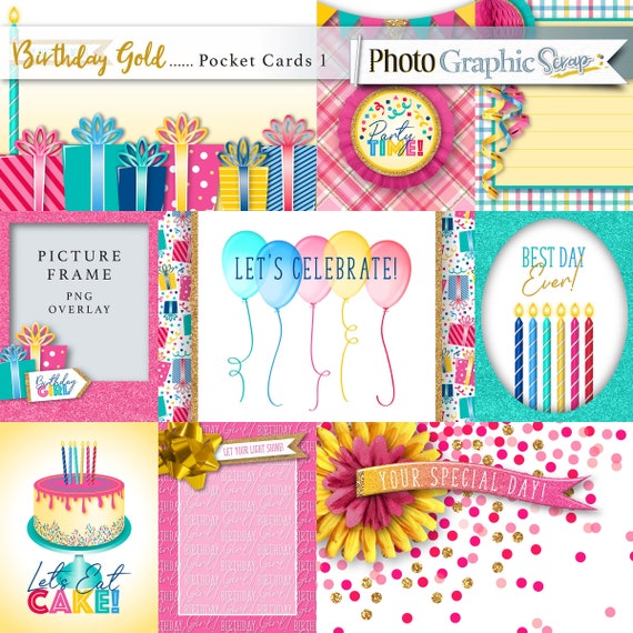 Birthday digital scrapbook pocket cards, girl birthday graphics.