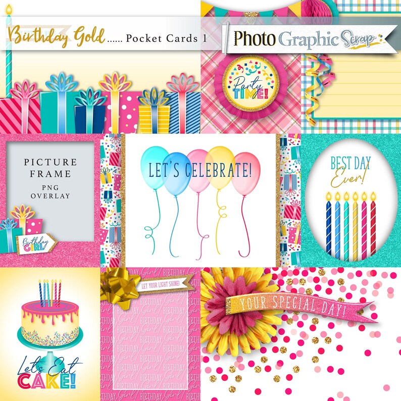 May include: A set of digital scrapbook paper designs featuring a birthday theme. The papers include a variety of colours, patterns, and images, including presents, balloons, candles, and cake. The text "Birthday Gold" and "Photo Graphic Scrap" is included in the image.