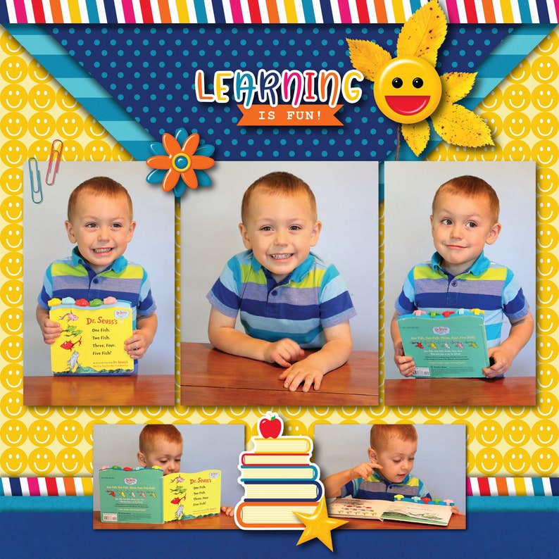 May include: A collage of photos featuring a young boy reading books. The photos are arranged in a grid with a blue and yellow background. The text "LEARNING IS FUN!" is displayed in the center of the collage.
