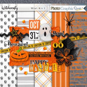 Halloween digital scrapbook mini kit, Halloween scrapbook elements, Halloween scrapbook papers.