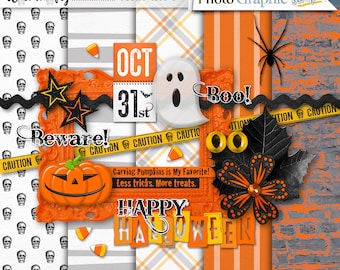Halloween digital scrapbook mini kit, Halloween scrapbook elements, Halloween scrapbook papers.