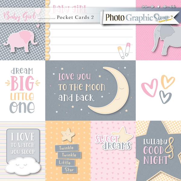 Baby girl digital scrapbook pocket cards, baby clipart.