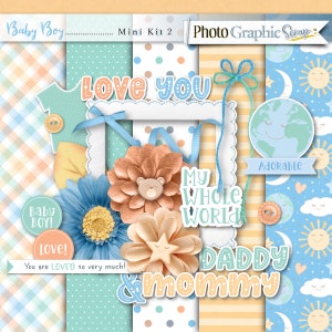 Baby boy digital scrapbook mini kit, baby scrapbook elements, baby scrapbook papers.