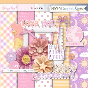 Baby girl digital scrapbook mini kit, baby scrapbook elements, baby scrapbook papers.