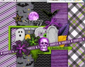Halloween digital scrapbook mini kit, Halloween scrapbook elements, Halloween scrapbook papers.