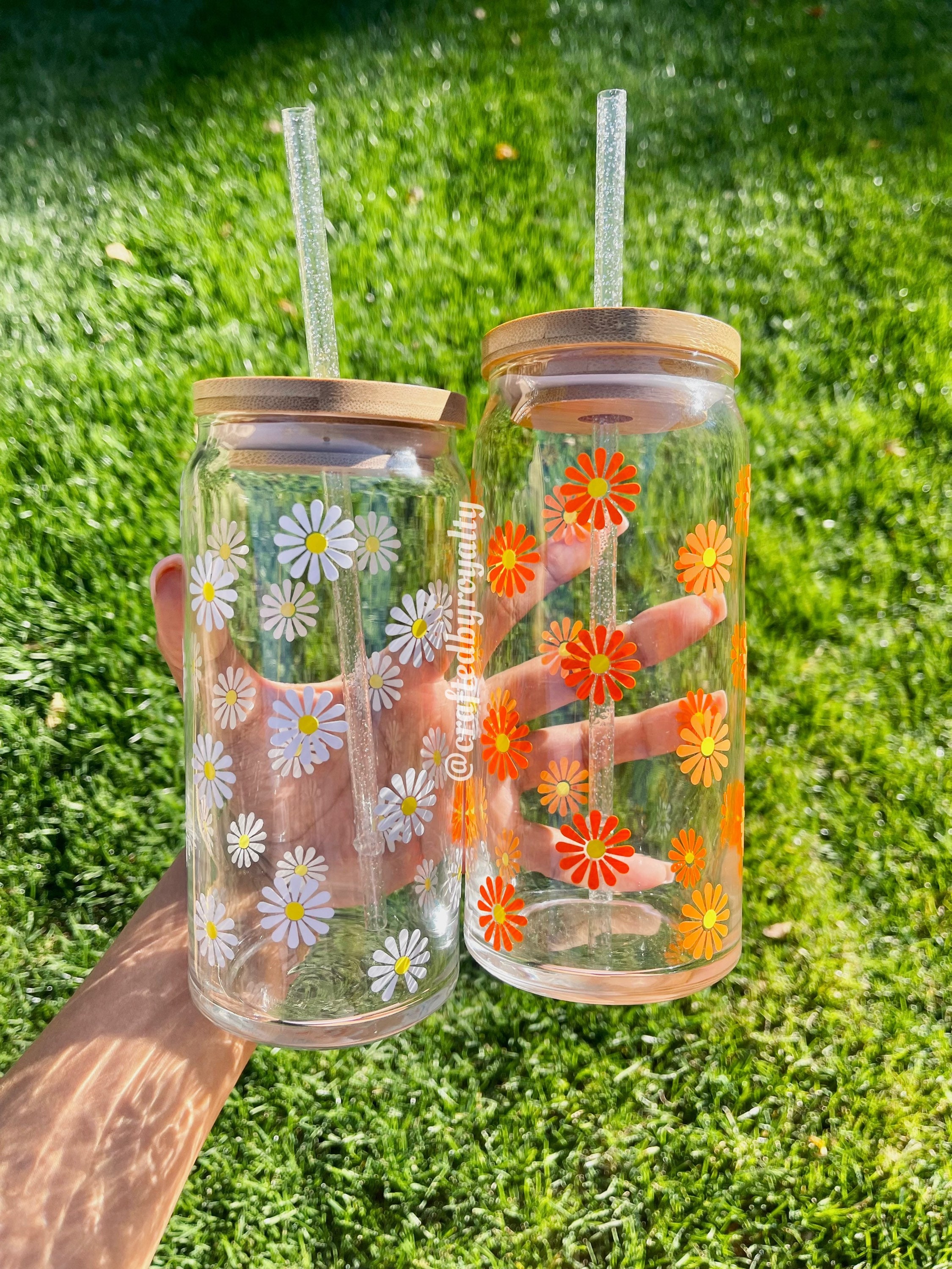 Boho Floral Iced Coffee Glass Cup with Bamboo Lid and Straw | 16oz Beer Can  Glass with Lids and Straw | Can Shaped Glass Soda Can Cup | Glass Tumbler