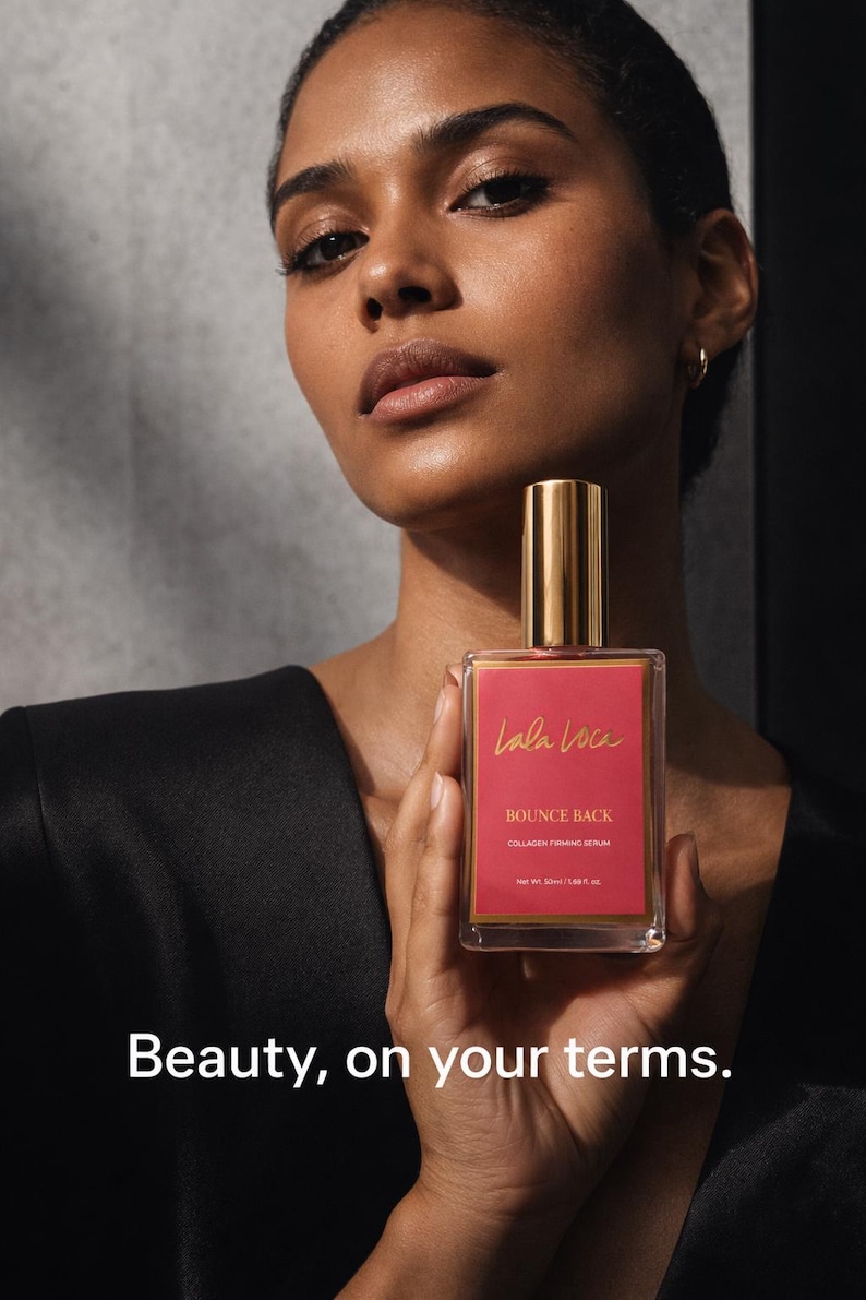 May include: A woman holds a clear glass bottle of Lala Lova Bounce Back Collagen Firming Serum. The bottle has a gold cap and a red label with gold lettering. The text "Beauty, on your terms" is below the bottle.
