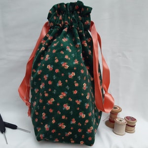 Floral Green Project bag! Knitting/Crochet/Craft/Sewing/Hobby/Drawstring Bag